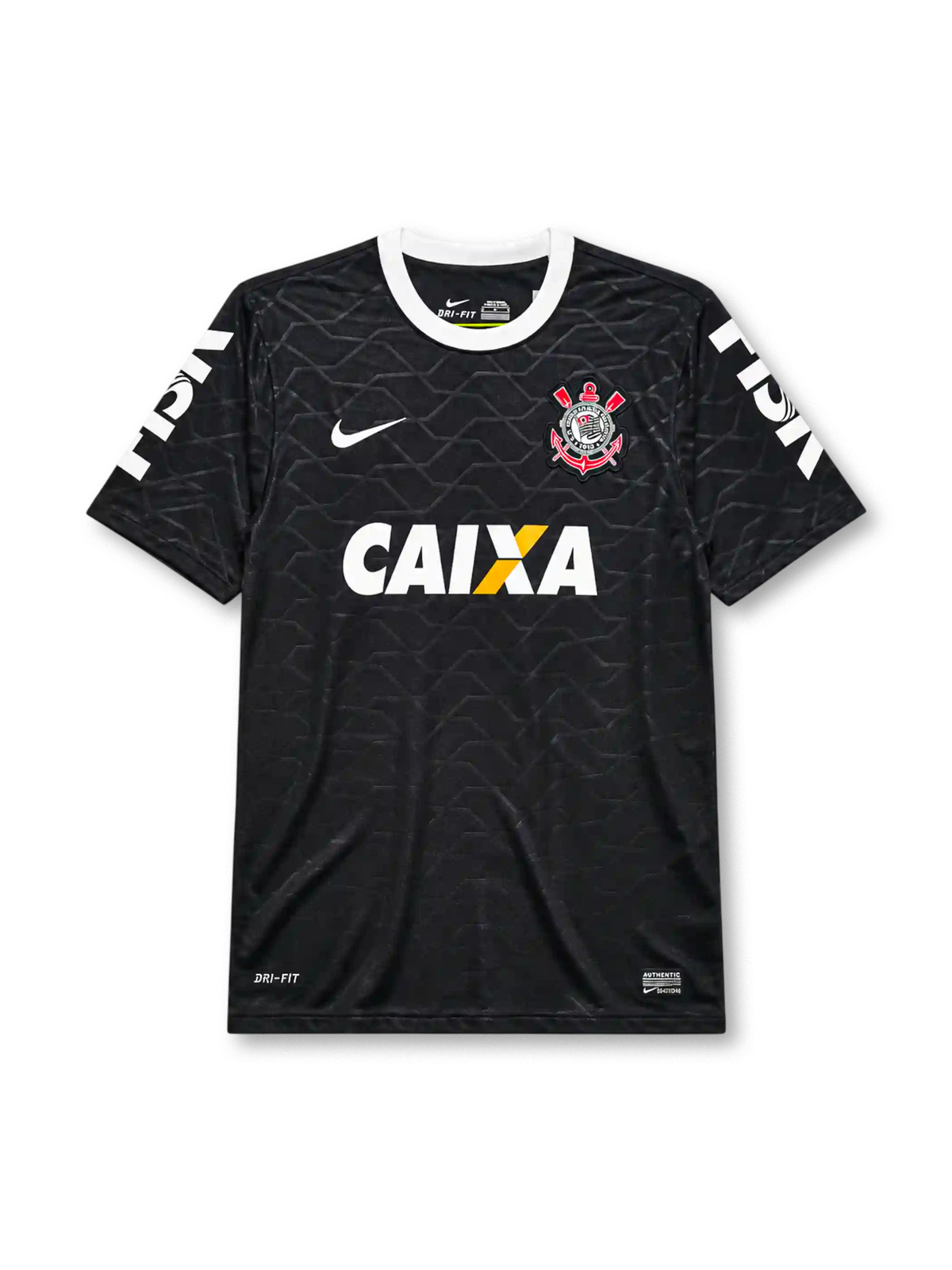 Corinthians 2008 away jersey, front view, black body with tonal hexagon pattern, white crew neck collar, HIGH sleeve text, Nike swoosh, club crest, CAIXA sponsor logo