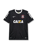 Corinthians 2008 away jersey, front view, black body with tonal hexagon pattern, white crew neck collar, HIGH sleeve text, Nike swoosh, club crest, CAIXA sponsor logo