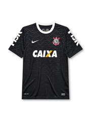 Corinthians 2008 away jersey, front view, black body with tonal hexagon pattern, white crew neck collar, HIGH sleeve text, Nike swoosh, club crest, CAIXA sponsor logo