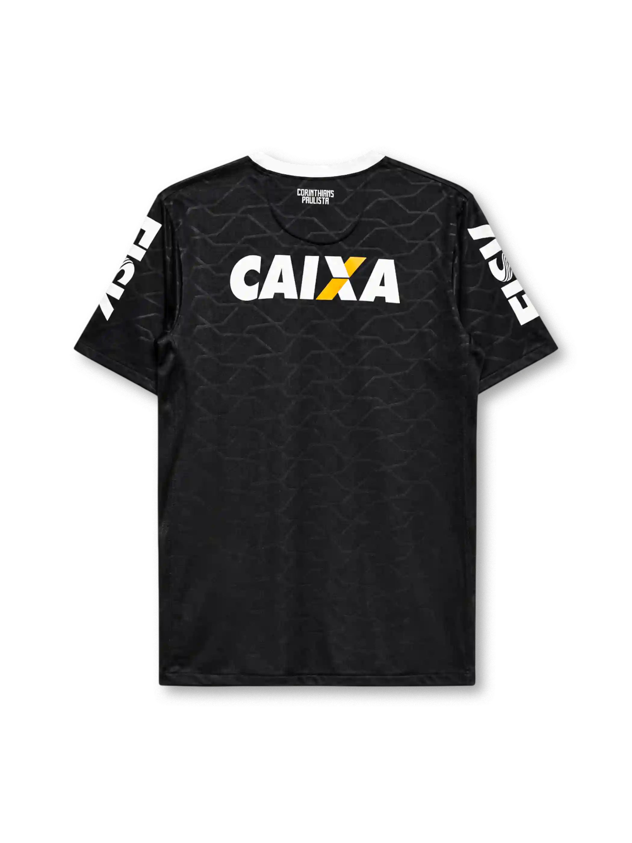 Corinthians 2008 away jersey, front view, black body with tonal hexagon pattern, white crew neck collar, HIGH sleeve text, Nike swoosh, club crest, CAIXA sponsor logo