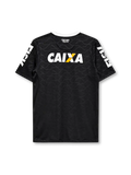 Corinthians 2008 away jersey, front view, black body with tonal hexagon pattern, white crew neck collar, HIGH sleeve text, Nike swoosh, club crest, CAIXA sponsor logo