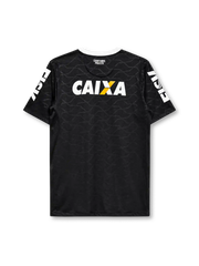 Corinthians 2008 away jersey, front view, black body with tonal hexagon pattern, white crew neck collar, HIGH sleeve text, Nike swoosh, club crest, CAIXA sponsor logo