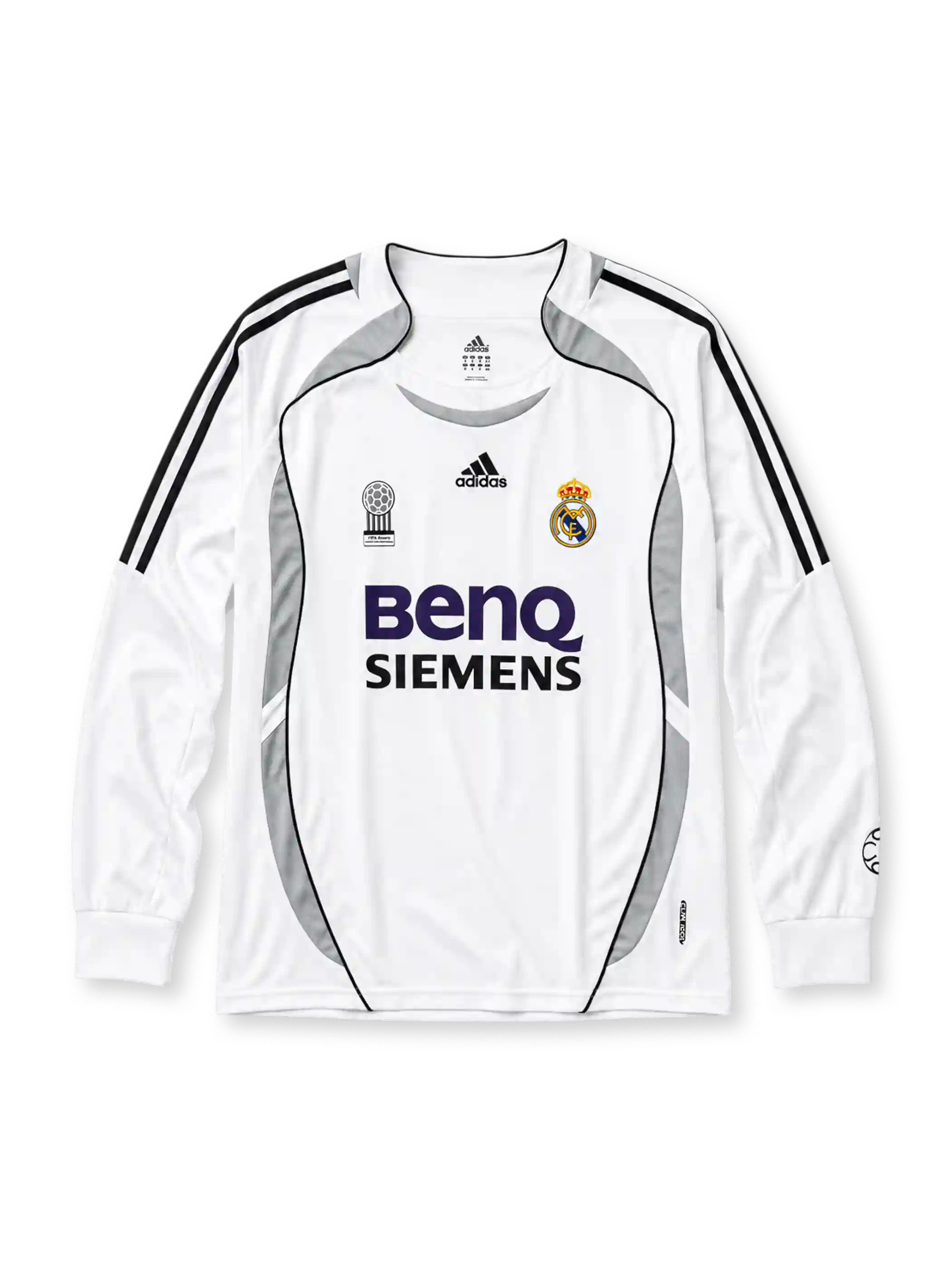 Real Madrid 2006-07 long sleeve home jersey, front view, white body with grey Formotion panels, black adidas three-stripe long sleeve detailing, FIFA Best Club of the Century emblem, adidas logo, club crest, BenQ Siemens sponsor logo