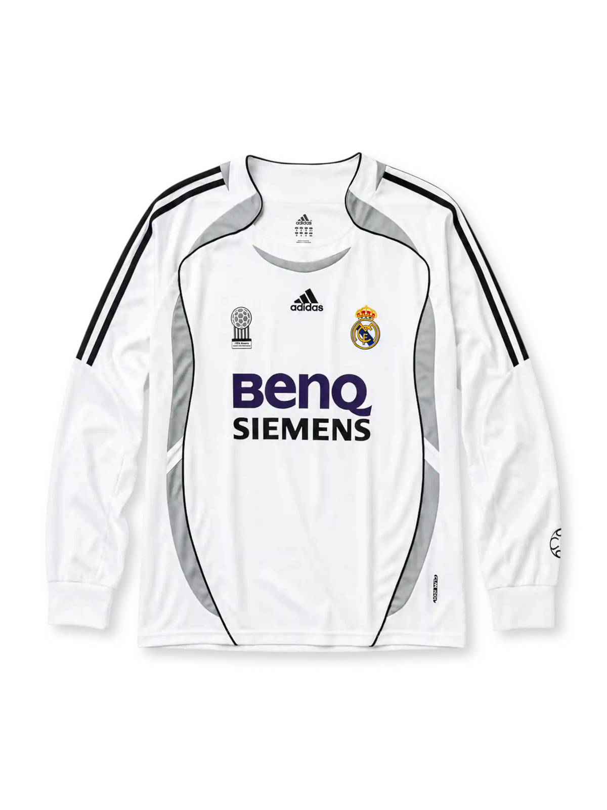 Real Madrid 2006-07 long sleeve home jersey, front view, white body with grey Formotion panels, black adidas three-stripe long sleeve detailing, FIFA Best Club of the Century emblem, adidas logo, club crest, BenQ Siemens sponsor logo