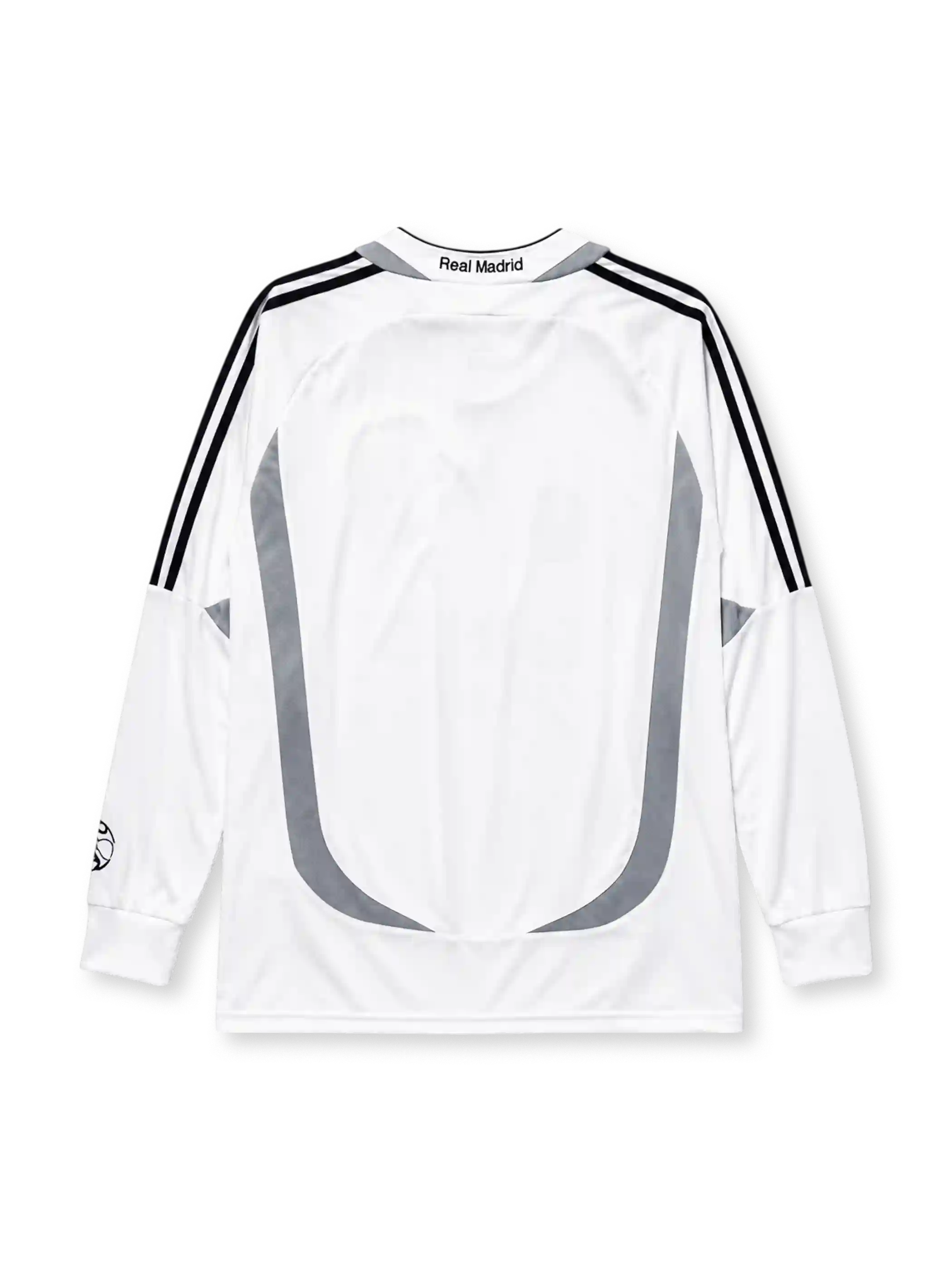 Real Madrid 2006-07 long sleeve home jersey, front view, white body with grey Formotion panels, black adidas three-stripe long sleeve detailing, FIFA Best Club of the Century emblem, adidas logo, club crest, BenQ Siemens sponsor logo