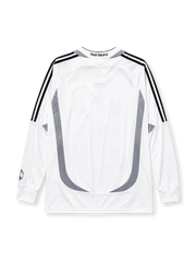 Real Madrid 2006-07 long sleeve home jersey, front view, white body with grey Formotion panels, black adidas three-stripe long sleeve detailing, FIFA Best Club of the Century emblem, adidas logo, club crest, BenQ Siemens sponsor logo