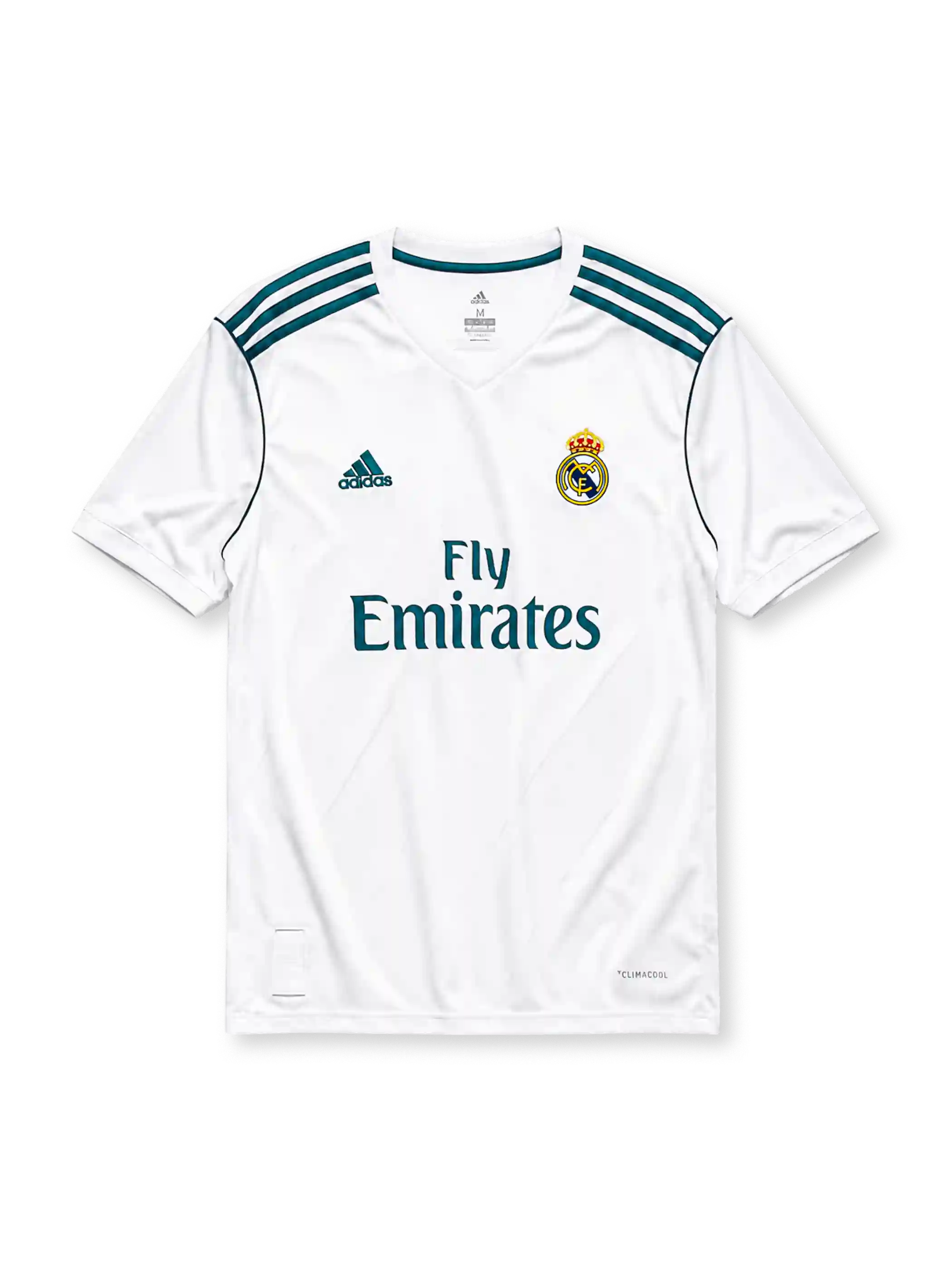 Real Madrid 2017-18 home jersey, front view, white body, teal adidas three-stripe shoulder detailing, V-neck collar, adidas logo, club crest, Fly Emirates sponsor logo, Climacool label