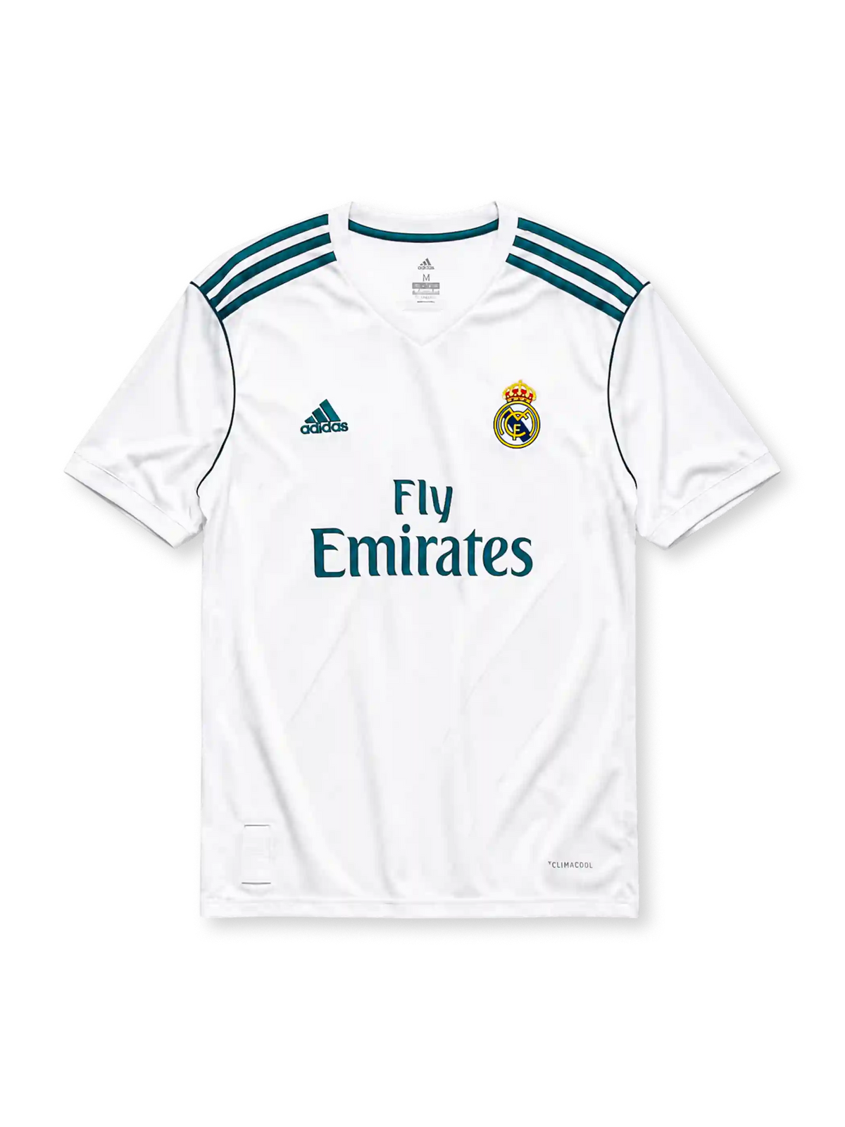 Real Madrid 2017-18 home jersey, front view, white body, teal adidas three-stripe shoulder detailing, V-neck collar, adidas logo, club crest, Fly Emirates sponsor logo, Climacool label