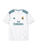 Real Madrid 2017-18 home jersey, front view, white body, teal adidas three-stripe shoulder detailing, V-neck collar, adidas logo, club crest, Fly Emirates sponsor logo, Climacool label