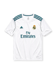 Real Madrid 2017-18 home jersey, front view, white body, teal adidas three-stripe shoulder detailing, V-neck collar, adidas logo, club crest, Fly Emirates sponsor logo, Climacool label