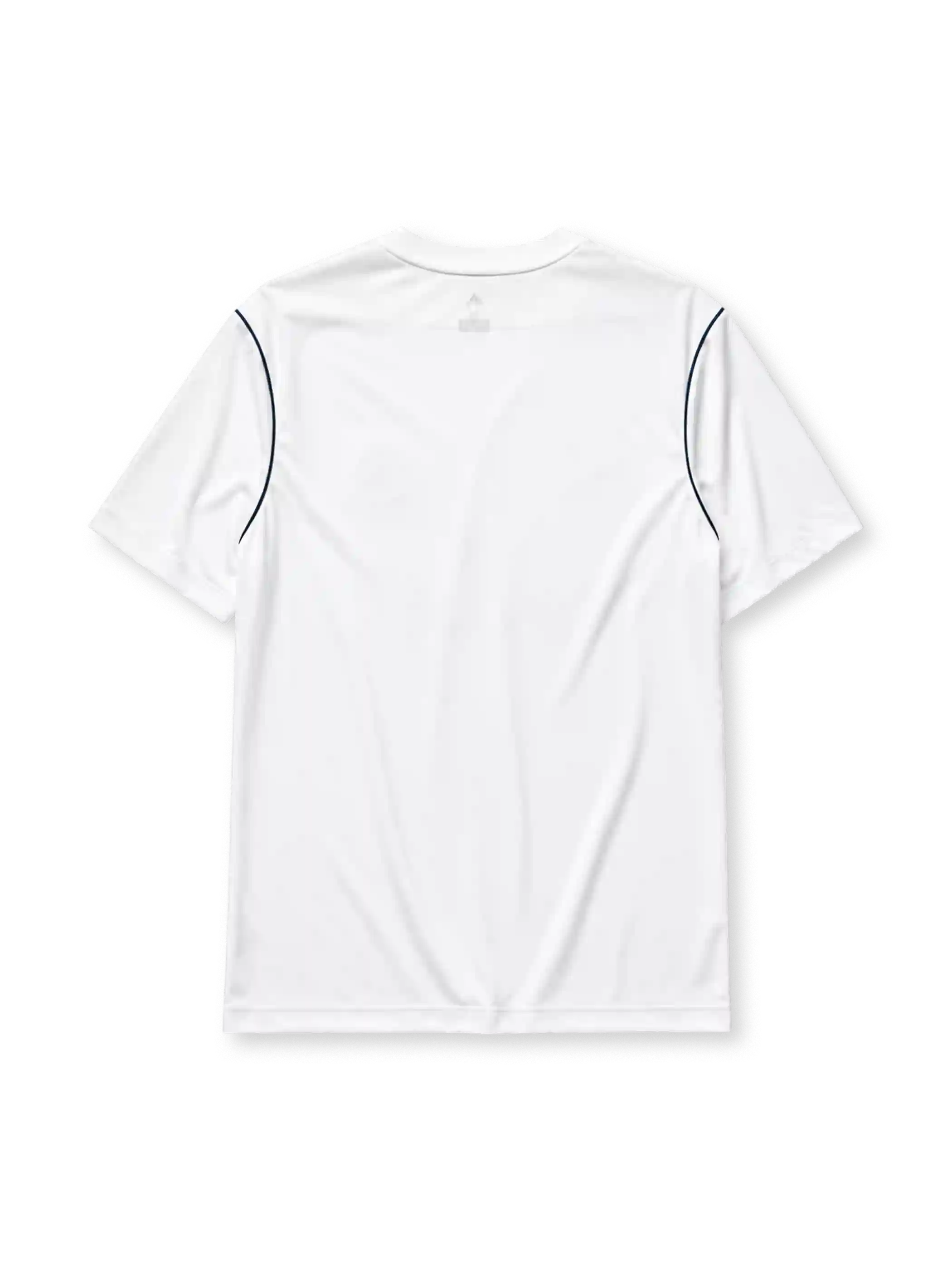 Real Madrid 2017-18 home jersey, front view, white body, teal adidas three-stripe shoulder detailing, V-neck collar, adidas logo, club crest, Fly Emirates sponsor logo, Climacool label