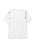 Real Madrid 2017-18 home jersey, front view, white body, teal adidas three-stripe shoulder detailing, V-neck collar, adidas logo, club crest, Fly Emirates sponsor logo, Climacool label