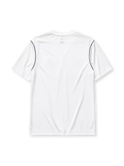 Real Madrid 2017-18 home jersey, front view, white body, teal adidas three-stripe shoulder detailing, V-neck collar, adidas logo, club crest, Fly Emirates sponsor logo, Climacool label
