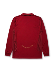 Arsenal 2005-06 home long sleeve jersey, front view, redcurrant body, point collar with gold trim, Nike swoosh, club crest with Highbury 1913-2006 text, O2 sponsor logo