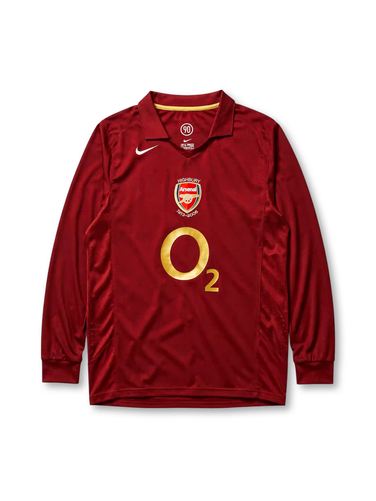 Arsenal 2005-06 home long sleeve jersey, front view, redcurrant body, point collar with gold trim, Nike swoosh, club crest with Highbury 1913-2006 text, O2 sponsor logo