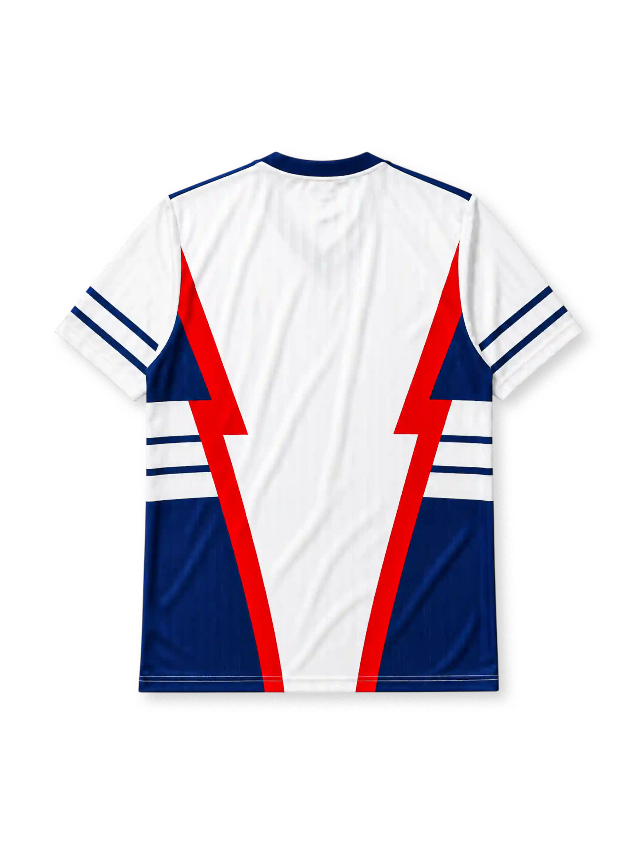 Yugoslavia 1990 World Cup away jersey, front view, white body with red and navy lightning bolt panels, navy V-neck collar, striped cuffs, adidas trefoil logo, national emblem