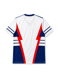Yugoslavia 1990 World Cup away jersey, front view, white body with red and navy lightning bolt panels, navy V-neck collar, striped cuffs, adidas trefoil logo, national emblem
