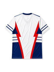 Yugoslavia 1990 World Cup away jersey, front view, white body with red and navy lightning bolt panels, navy V-neck collar, striped cuffs, adidas trefoil logo, national emblem