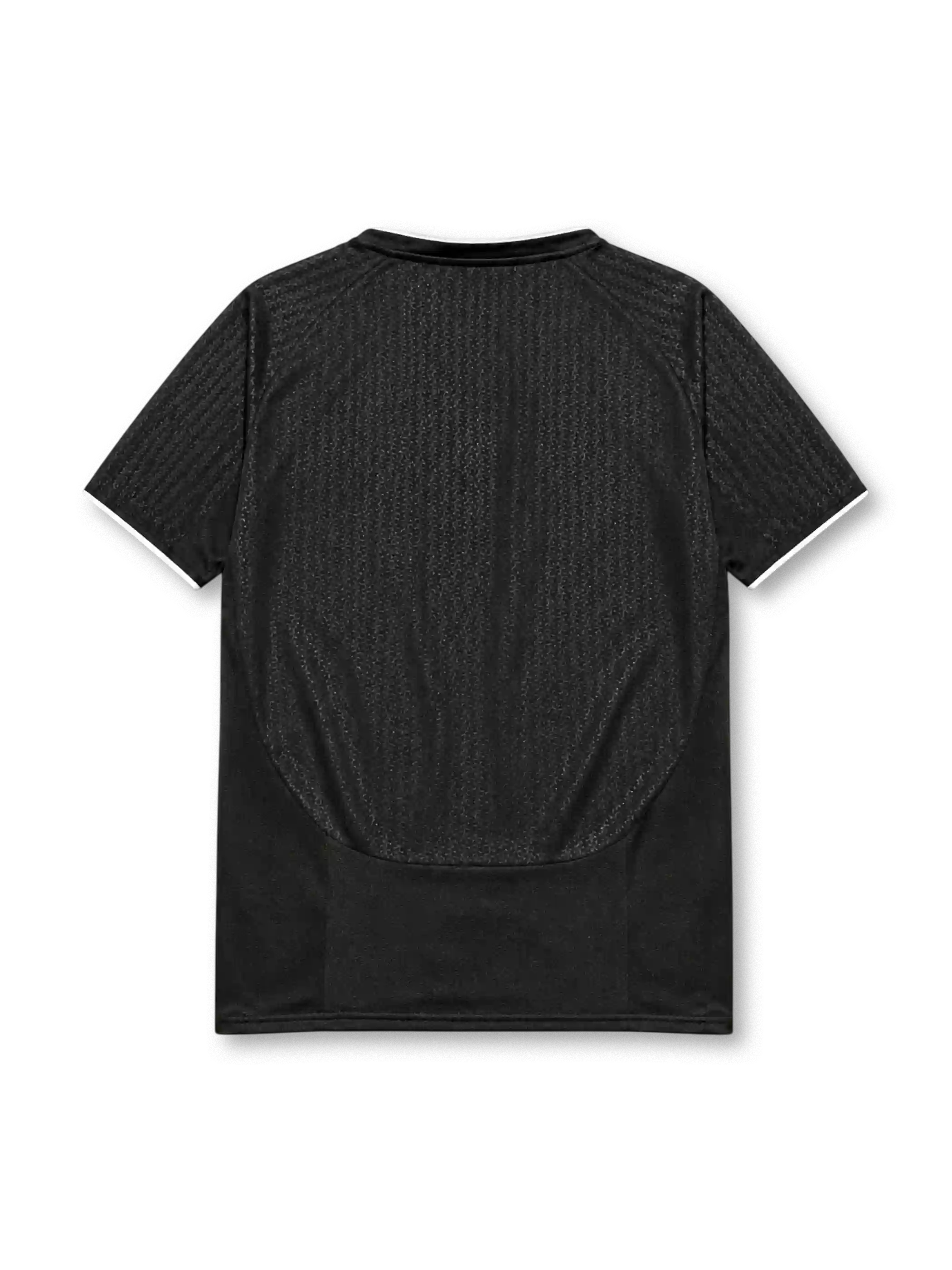 Manchester United 2003-04 away jersey, front view, black body with tonal geometric pattern, white ringer collar and cuffs, Nike swoosh logo, club crest, Vodafone sponsor logo