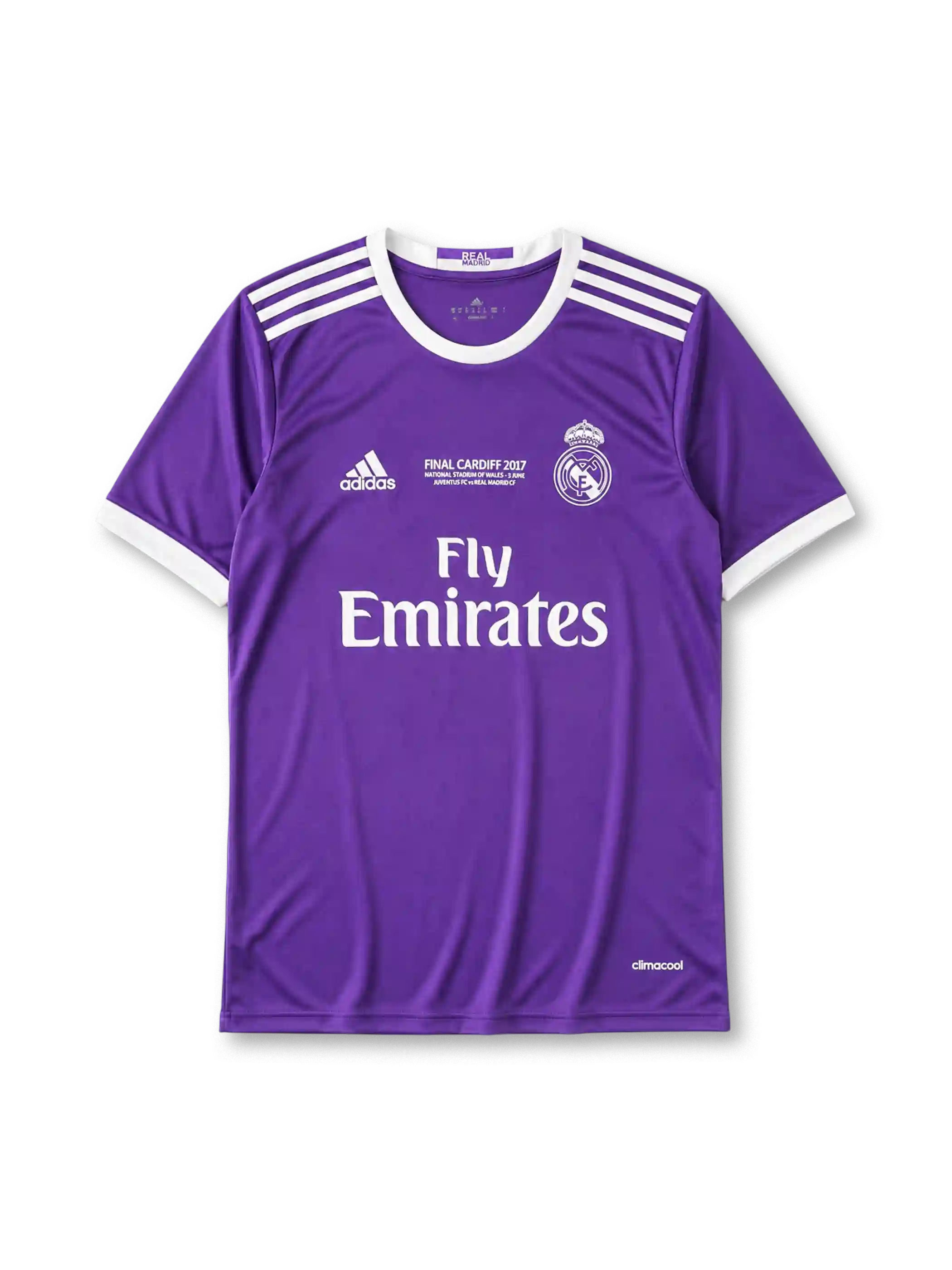 Real Madrid 2016-17 Champions League final away jersey, front view, purple body, white adidas three-stripe shoulder detailing, ringer collar and cuffs, Final Cardiff 2017 commemorative text, club crest, Fly Emirates sponsor logo, climacool label
