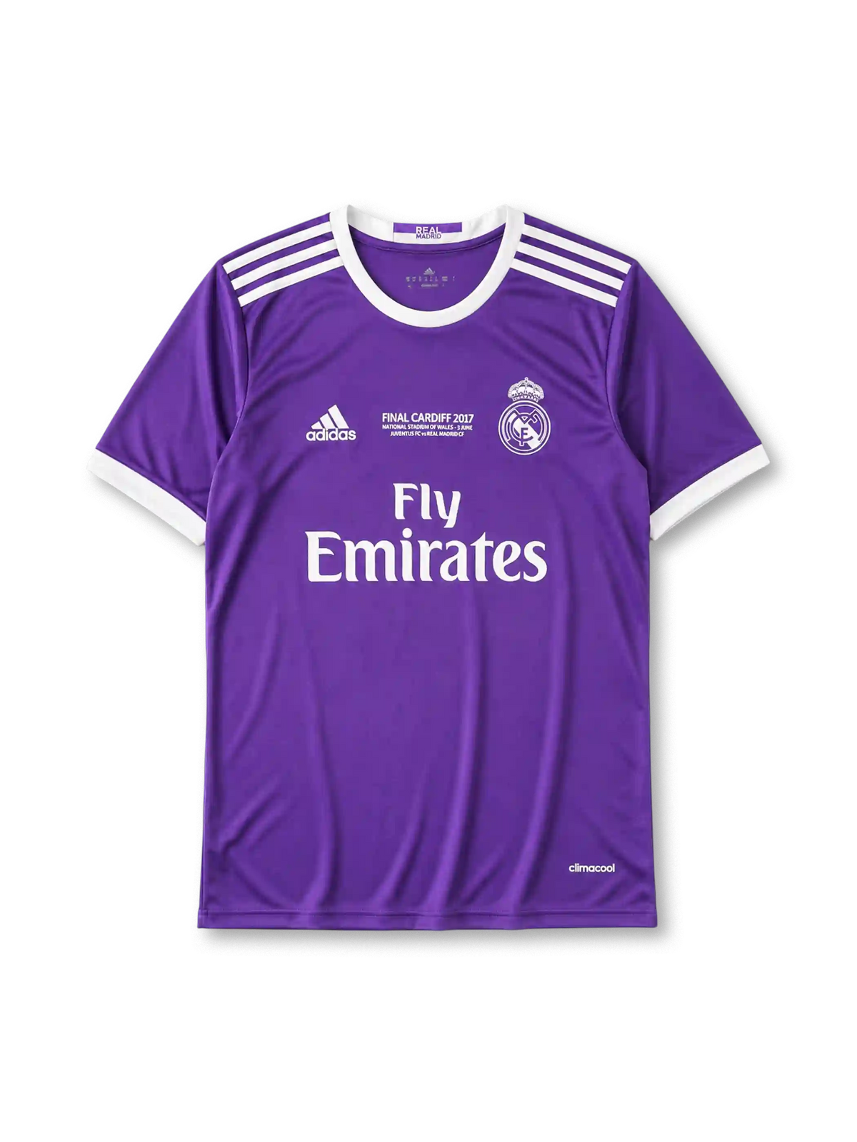 Real Madrid 2016-17 Champions League final away jersey, front view, purple body, white adidas three-stripe shoulder detailing, ringer collar and cuffs, Final Cardiff 2017 commemorative text, club crest, Fly Emirates sponsor logo, climacool label