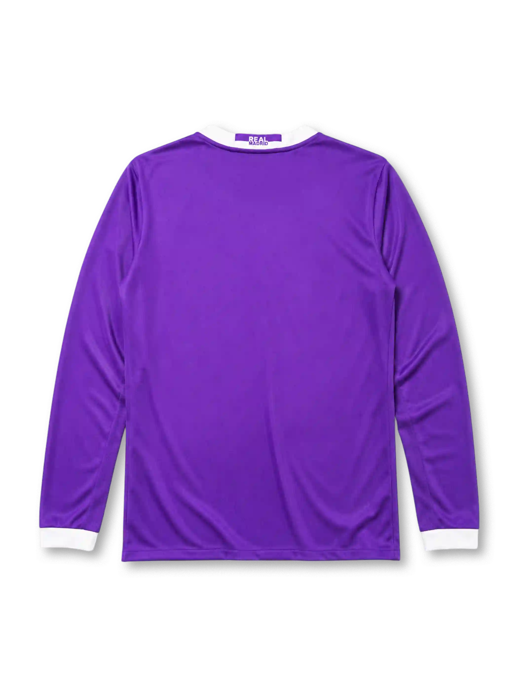 Real Madrid 2016-17 Champions League final away long sleeve jersey, front view, purple body, white adidas three-stripe long sleeve detailing, ringer collar and cuffs, Final Cardiff 2017 commemorative text, club crest, Fly Emirates sponsor logo, climacool label