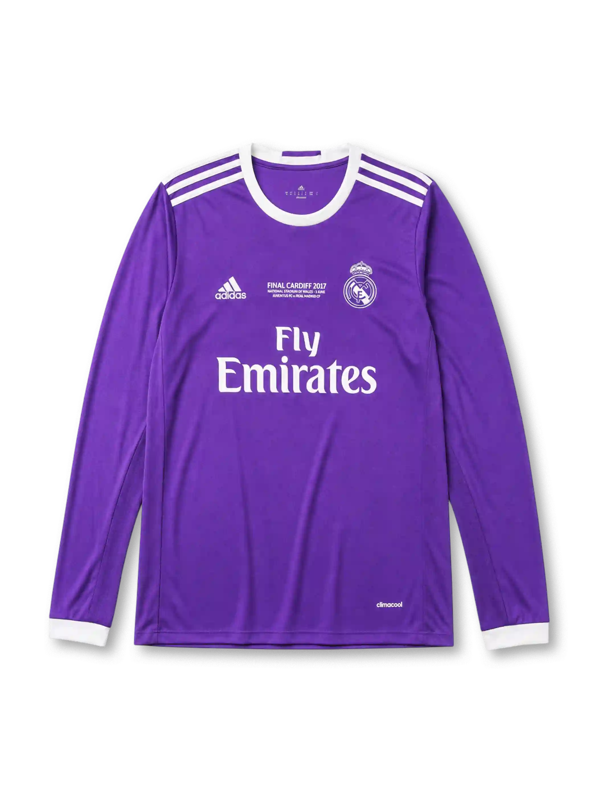 Real Madrid 2016-17 Champions League final away long sleeve jersey, front view, purple body, white adidas three-stripe long sleeve detailing, ringer collar and cuffs, Final Cardiff 2017 commemorative text, club crest, Fly Emirates sponsor logo, climacool label