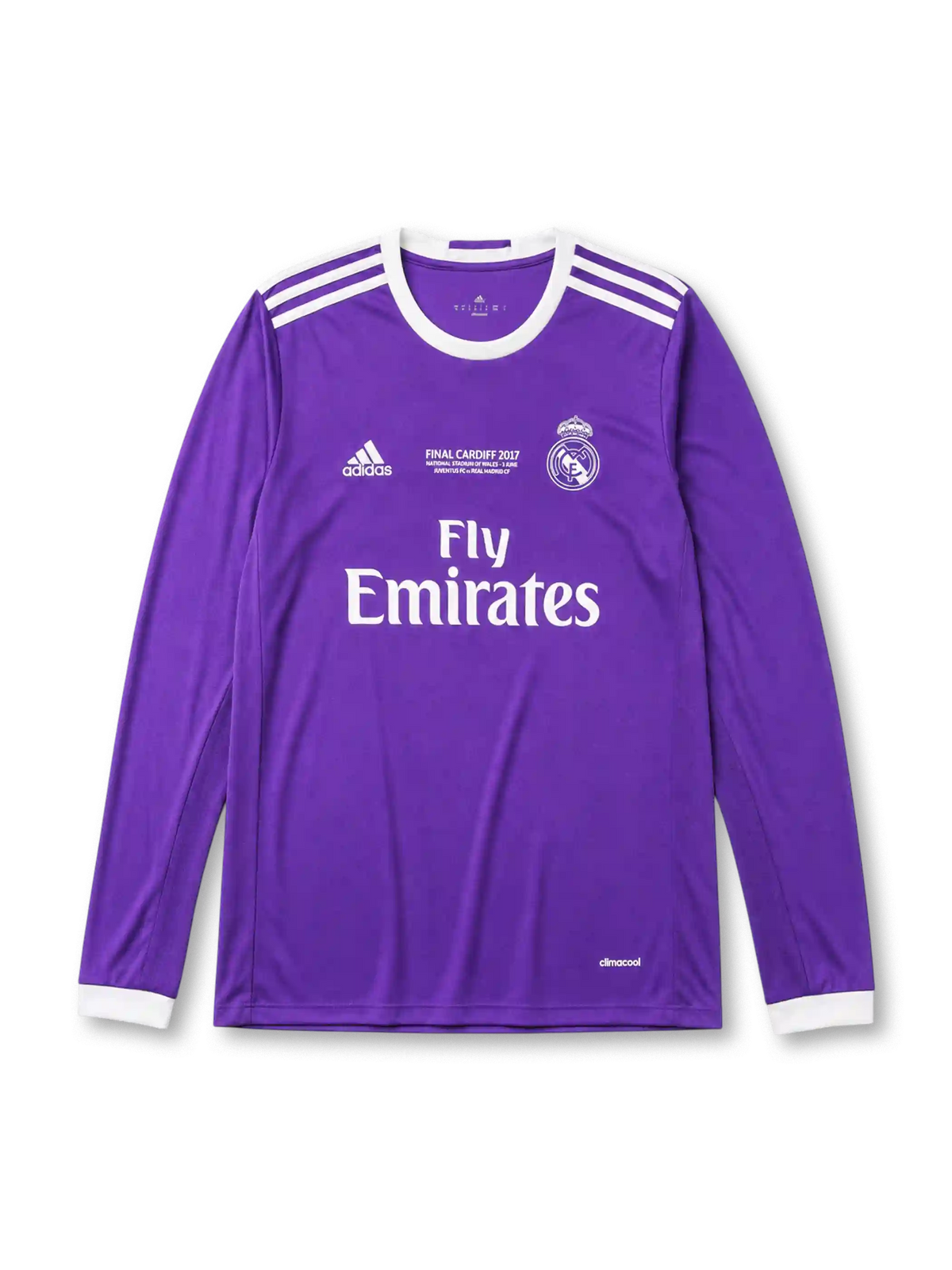 Real Madrid 2016-17 Champions League final away long sleeve jersey, front view, purple body, white adidas three-stripe long sleeve detailing, ringer collar and cuffs, Final Cardiff 2017 commemorative text, club crest, Fly Emirates sponsor logo, climacool label