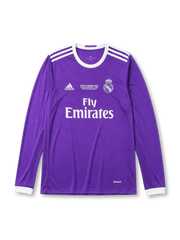 Real Madrid 2016-17 Champions League final away long sleeve jersey, front view, purple body, white adidas three-stripe long sleeve detailing, ringer collar and cuffs, Final Cardiff 2017 commemorative text, club crest, Fly Emirates sponsor logo, climacool label