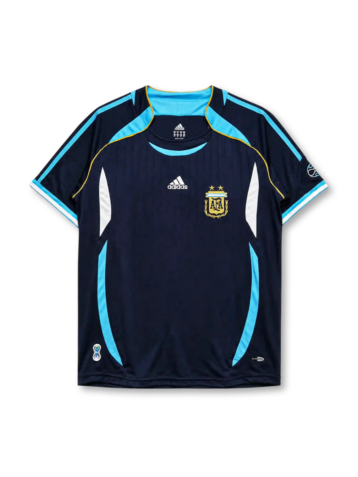 Argentina 2006 World Cup away jersey, front view, navy body with pinstripes, sky blue curved side panels, sky blue V-neck collar, adidas logo, AFA crest with two stars, World Cup sleeve emblem