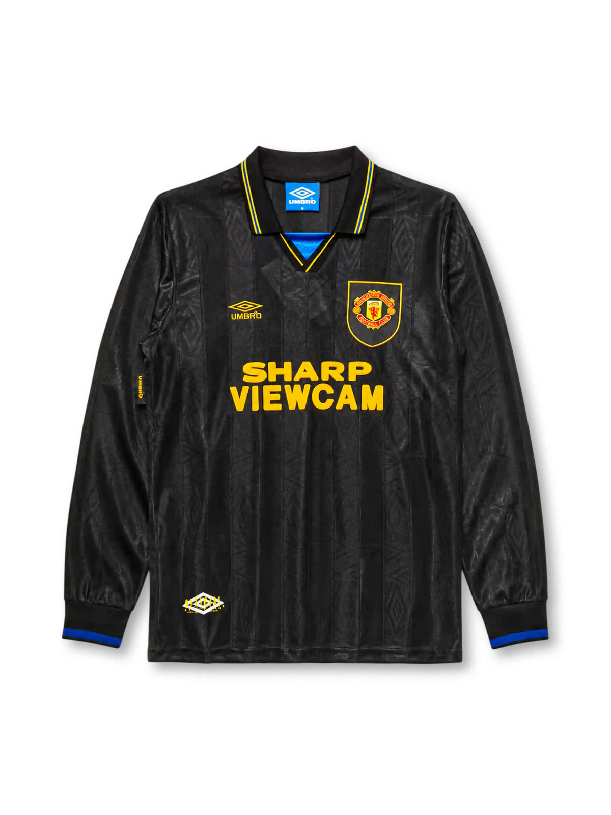 Manchester United 1993-94 away long sleeve jersey, front view, black body with tonal diamond jacquard pattern, gold and blue striped collar, Umbro diamond logo, club crest, SHARP Viewcam sponsor logo, gold and blue diamond cuffs