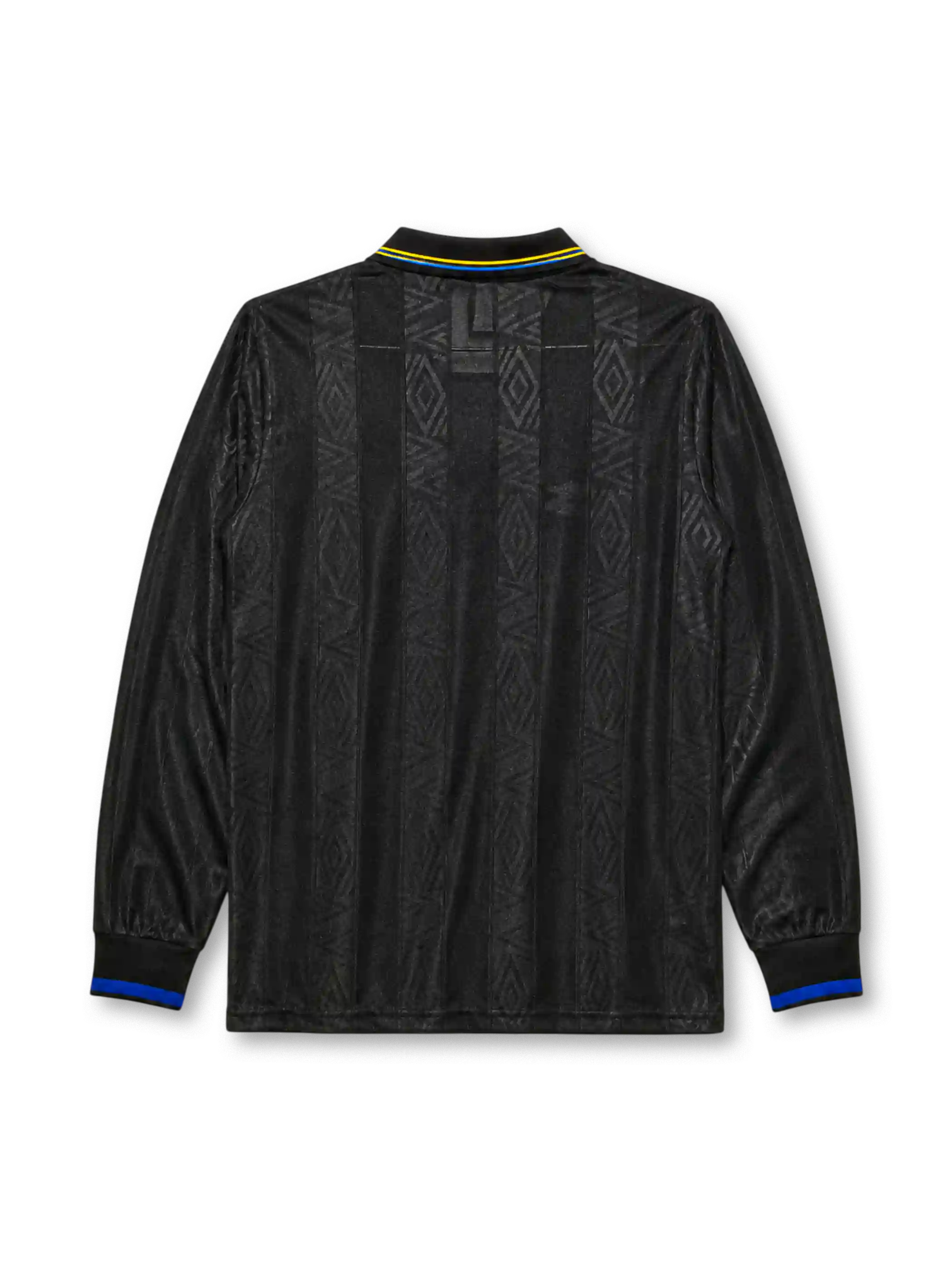 Manchester United 1993-94 away long sleeve jersey, front view, black body with tonal diamond jacquard pattern, gold and blue striped collar, Umbro diamond logo, club crest, SHARP Viewcam sponsor logo, gold and blue diamond cuffs