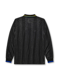 Manchester United 1993-94 away long sleeve jersey, front view, black body with tonal diamond jacquard pattern, gold and blue striped collar, Umbro diamond logo, club crest, SHARP Viewcam sponsor logo, gold and blue diamond cuffs