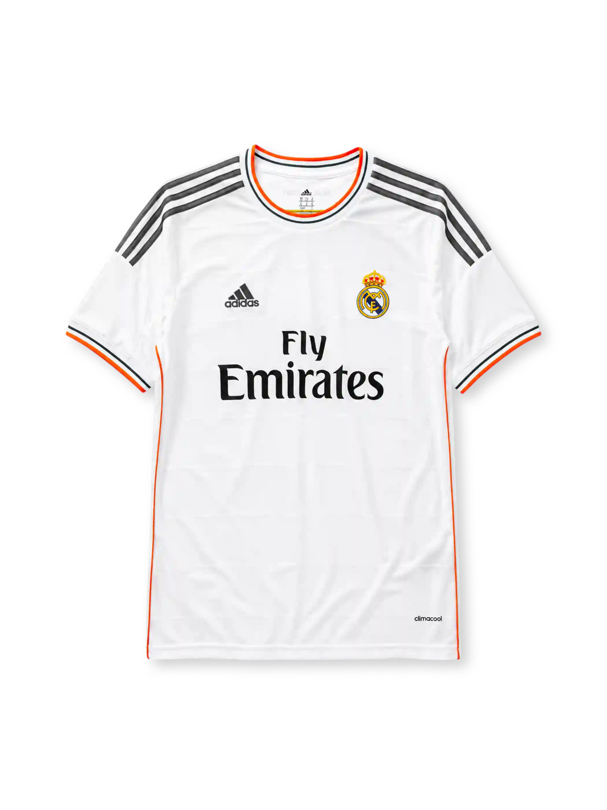 Real Madrid 2013-14 home jersey, front view, white body, grey adidas three-stripe shoulder detailing, orange piping, crew neck collar, adidas logo, club crest, Fly Emirates sponsor logo, climacool label