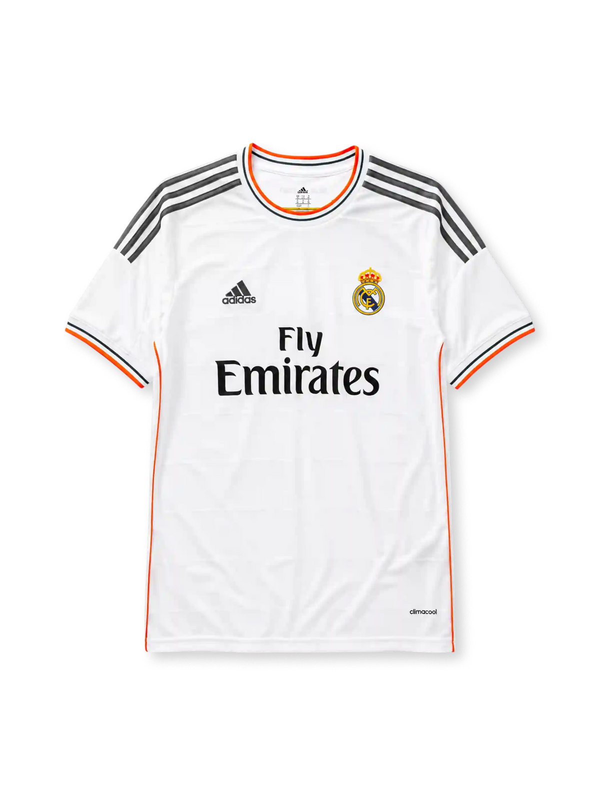 Real Madrid 2013-14 home jersey, front view, white body, grey adidas three-stripe shoulder detailing, orange piping, crew neck collar, adidas logo, club crest, Fly Emirates sponsor logo, climacool label