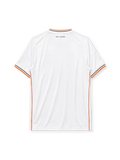 Real Madrid 2013-14 home jersey, front view, white body, grey adidas three-stripe shoulder detailing, orange piping, crew neck collar, adidas logo, club crest, Fly Emirates sponsor logo, climacool label