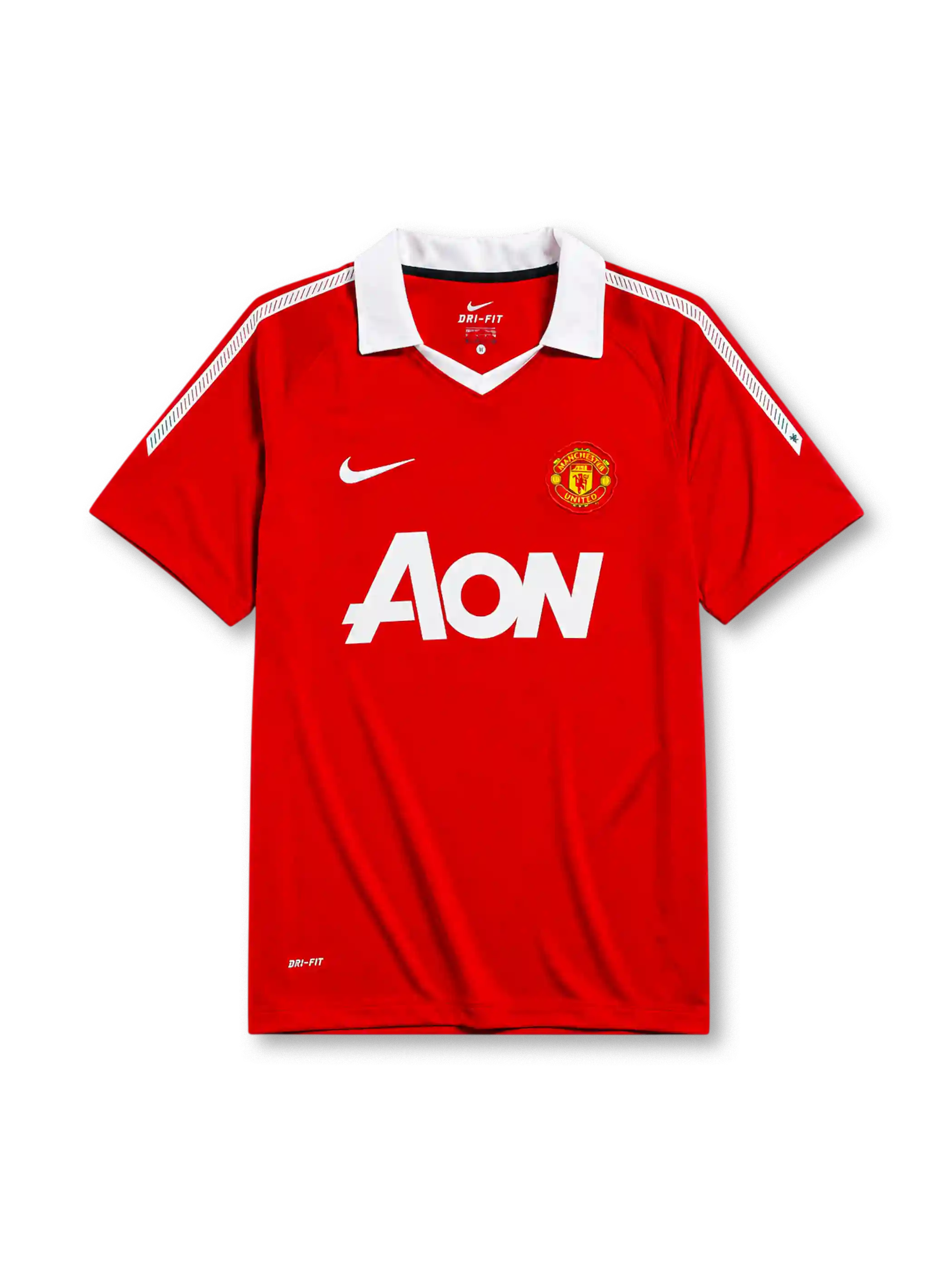 Manchester United 2010-11 home jersey, front view, red body with white shoulder pinstripes, white point collar, Nike swoosh logo, club crest, AON sponsor logo