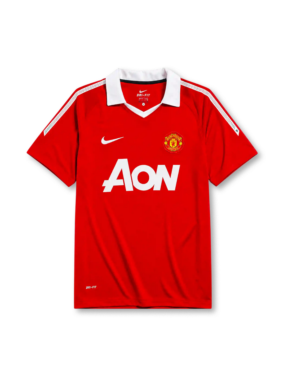 Manchester United 2010-11 home jersey, front view, red body with white shoulder pinstripes, white point collar, Nike swoosh logo, club crest, AON sponsor logo