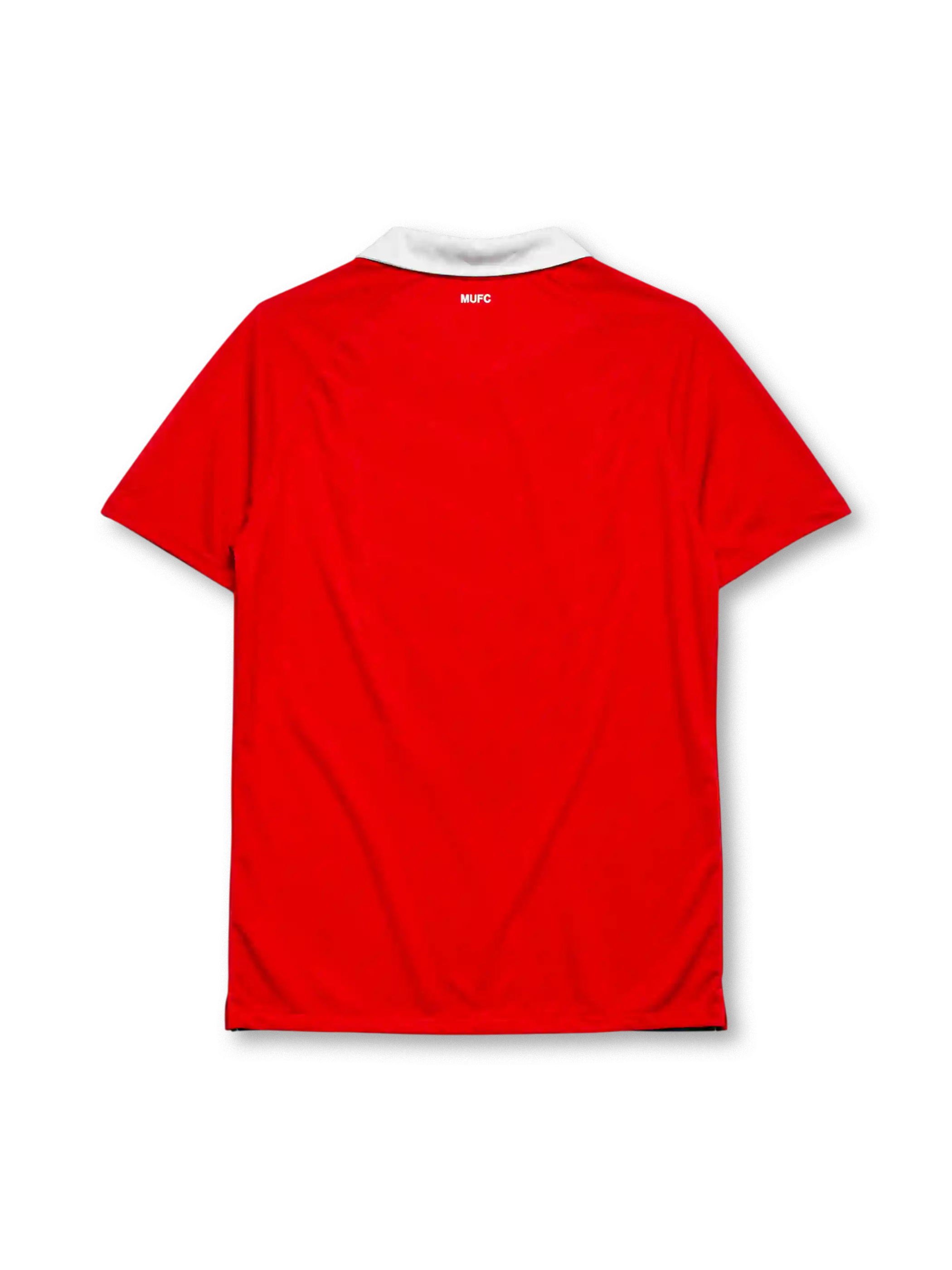 Manchester United 2010-11 home jersey, front view, red body with white shoulder pinstripes, white point collar, Nike swoosh logo, club crest, AON sponsor logo