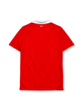 Manchester United 2010-11 home jersey, front view, red body with white shoulder pinstripes, white point collar, Nike swoosh logo, club crest, AON sponsor logo