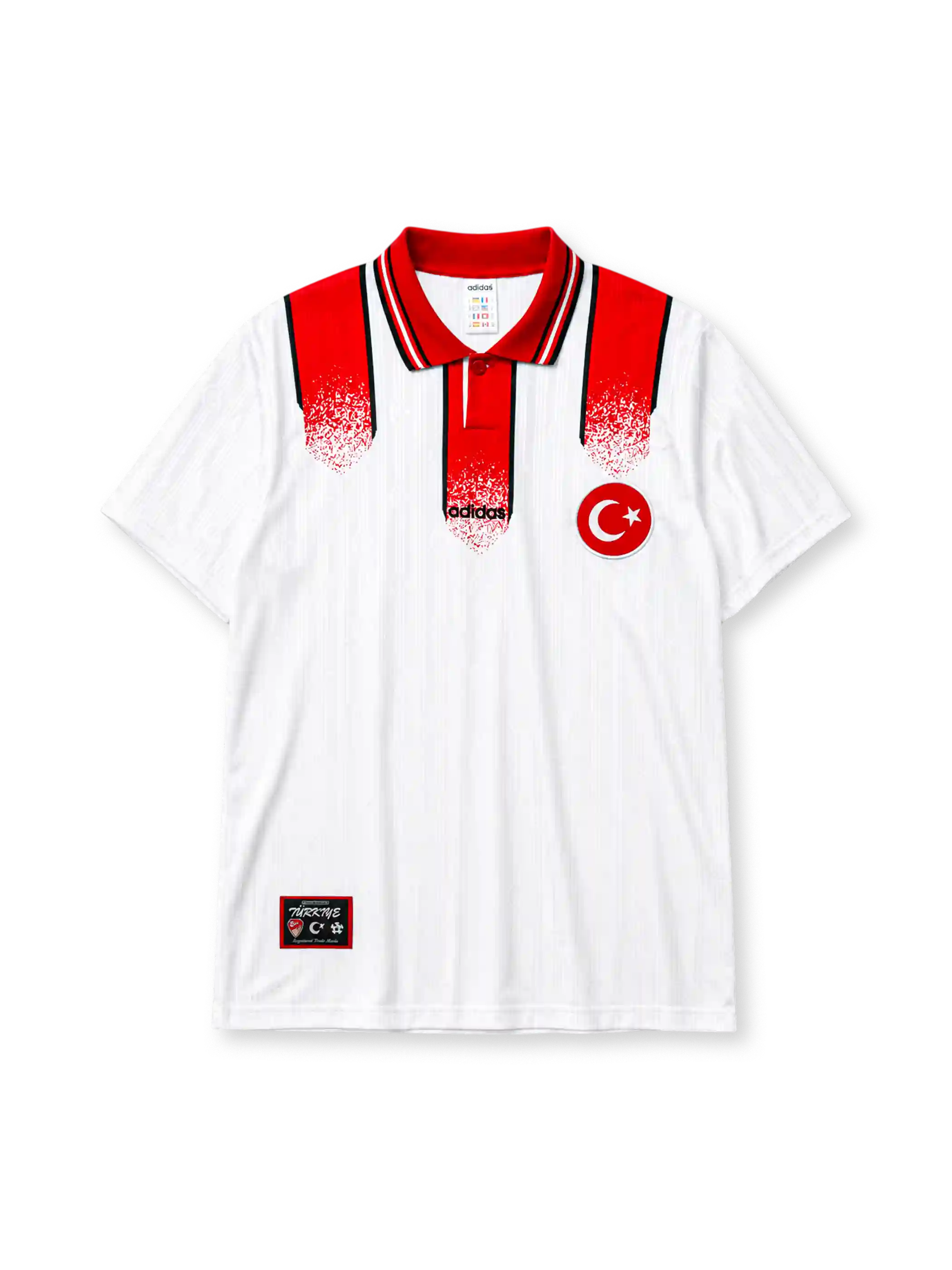 Turkey 1996 Euro away jersey, front view, white body with red paint-splatter shoulder and placket design, red point collar with black and white stripes, adidas wordmark, Turkish Football Federation crest