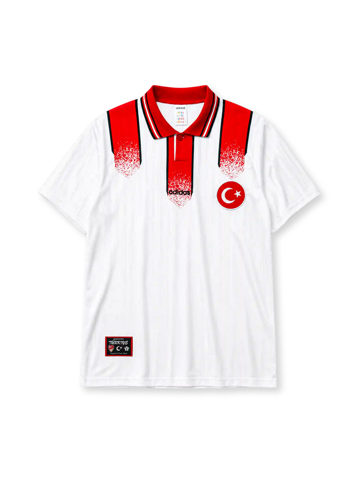 Turkey 1996 Euro away jersey, front view, white body with red paint-splatter shoulder and placket design, red point collar with black and white stripes, adidas wordmark, Turkish Football Federation crest