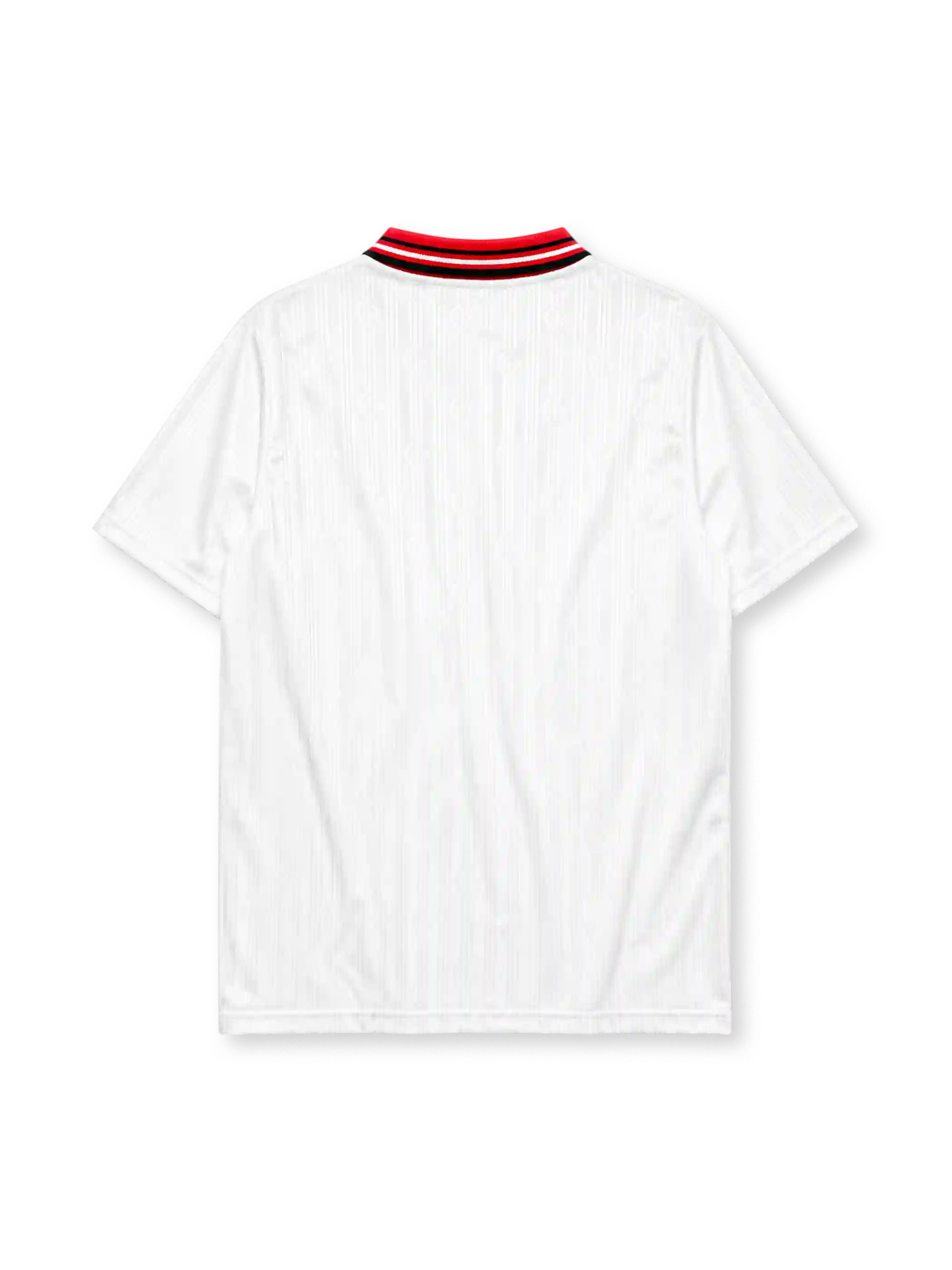 Turkey 1996 Euro away jersey, front view, white body with red paint-splatter shoulder and placket design, red point collar with black and white stripes, adidas wordmark, Turkish Football Federation crest