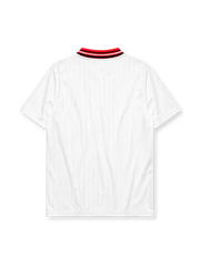 Turkey 1996 Euro away jersey, front view, white body with red paint-splatter shoulder and placket design, red point collar with black and white stripes, adidas wordmark, Turkish Football Federation crest