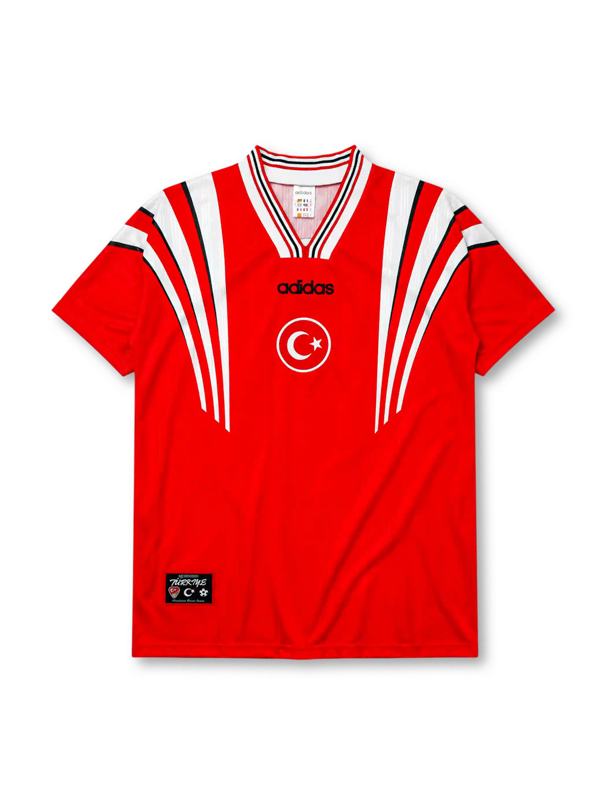 Turkey 1996 Euro home jersey, front view, red body with white angular shoulder streaks, striped V-neck collar, adidas wordmark, Turkish Football Federation crest