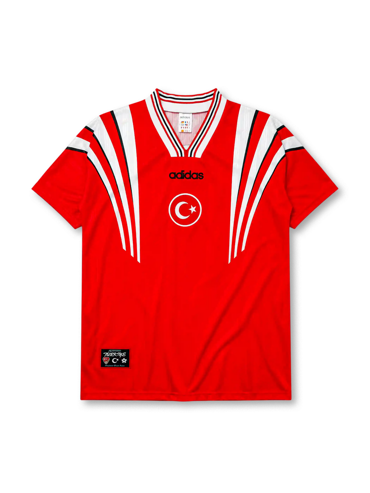 Turkey 1996 Euro home jersey, front view, red body with white angular shoulder streaks, striped V-neck collar, adidas wordmark, Turkish Football Federation crest
