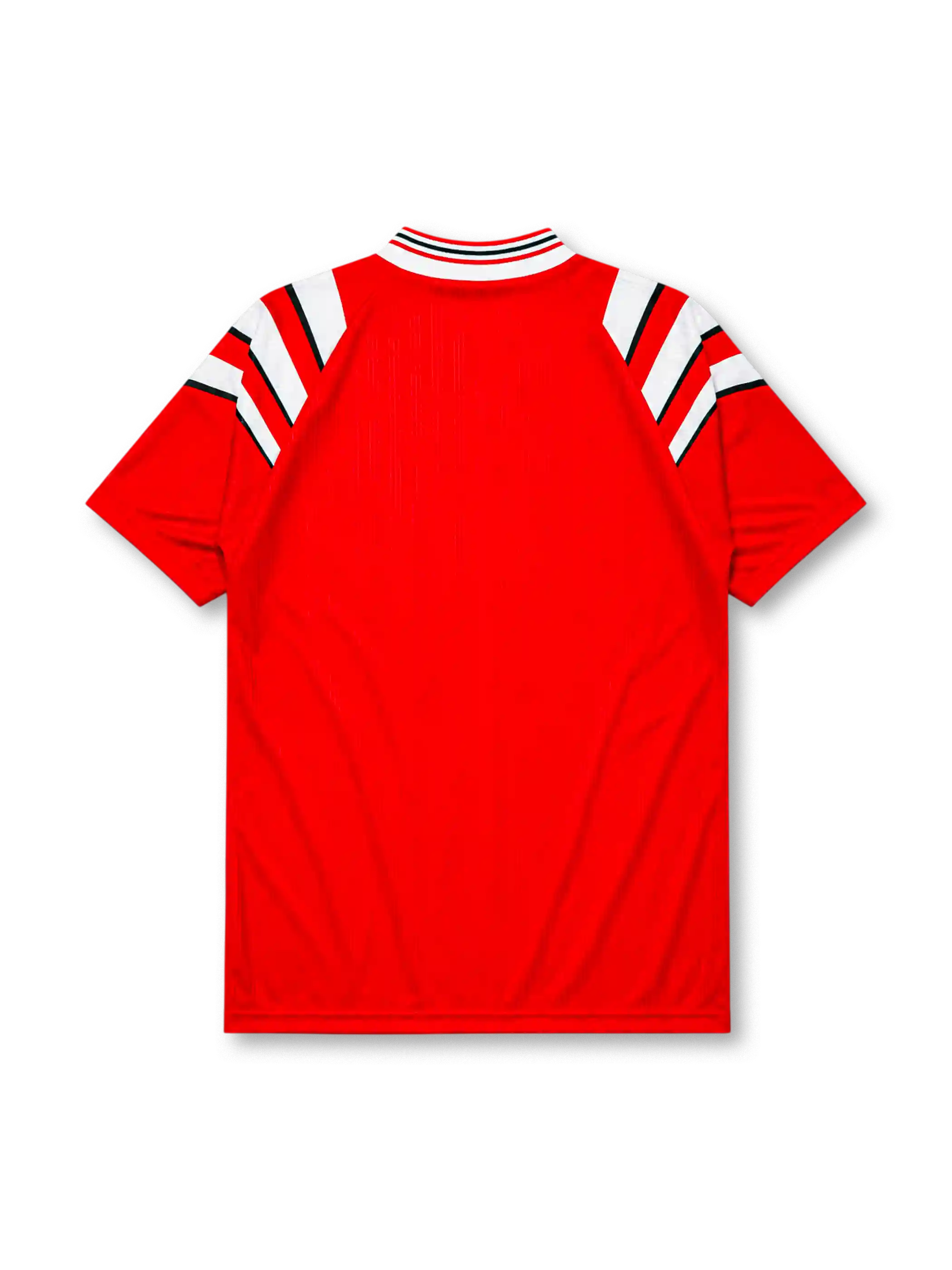 Turkey 1996 Euro home jersey, front view, red body with white angular shoulder streaks, striped V-neck collar, adidas wordmark, Turkish Football Federation crest
