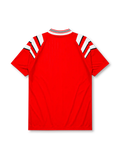 Turkey 1996 Euro home jersey, front view, red body with white angular shoulder streaks, striped V-neck collar, adidas wordmark, Turkish Football Federation crest