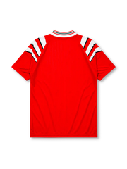 Turkey 1996 Euro home jersey, front view, red body with white angular shoulder streaks, striped V-neck collar, adidas wordmark, Turkish Football Federation crest