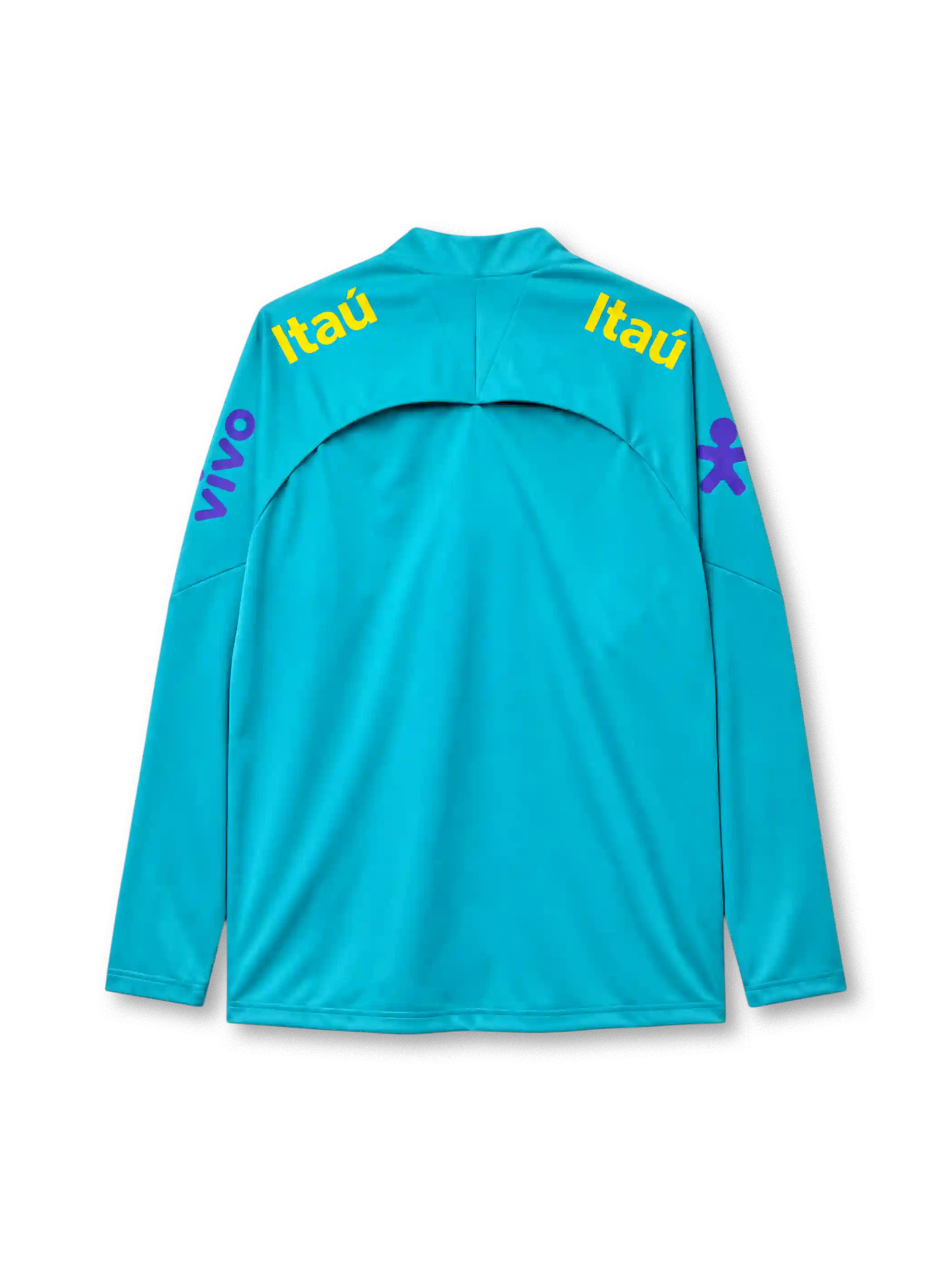 Brazil 2022-23 training top, front view, teal body with black geometric panels, quarter-zip funnel collar, Nike swoosh, CBF Brasil crest with five stars, Itaú sponsor text, Guaraná Antarctica sponsor logo, purple sleeve graphics